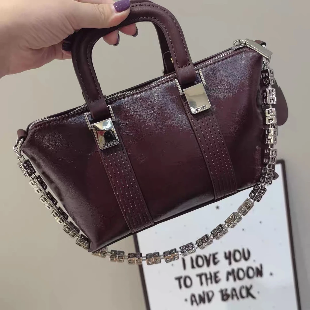 2025新款时尚轻奢女士链条包包高级感百搭油蜡皮手提包单肩斜挎包