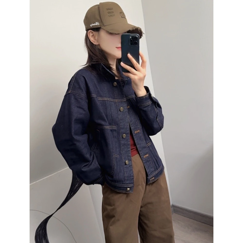 【定制防掉色】丹宁蓝色牛仔短外套女小个子方领夹克港风上衣秋新款