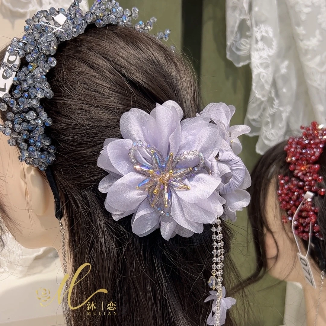 E144【珠花晶石抓夹8CM香芋紫】气质发饰韩版手工发夹