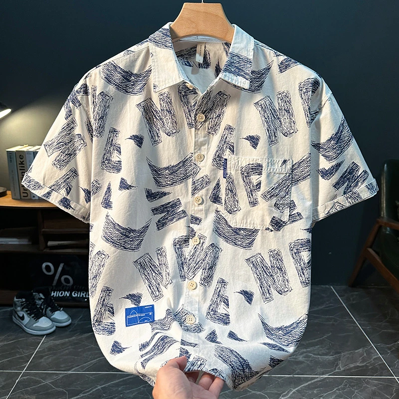 ICCLEK字母印花短袖衬衫男时尚潮流宽松百搭帅气休闲透气衬衣薄款