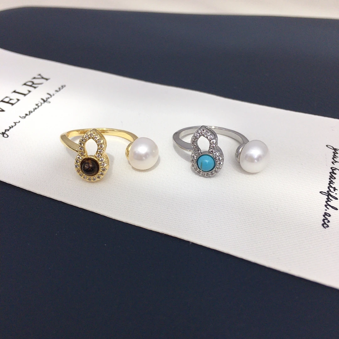 诸暨天然淡水无核珍珠戒指复古葫芦微镶锆石开口可调节珍珠指环