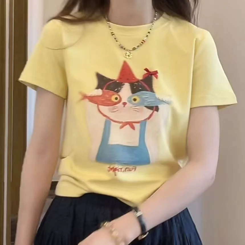 韩版卡通小猫印花短袖T恤女2025夏季新款设计感时尚通勤减龄上衣