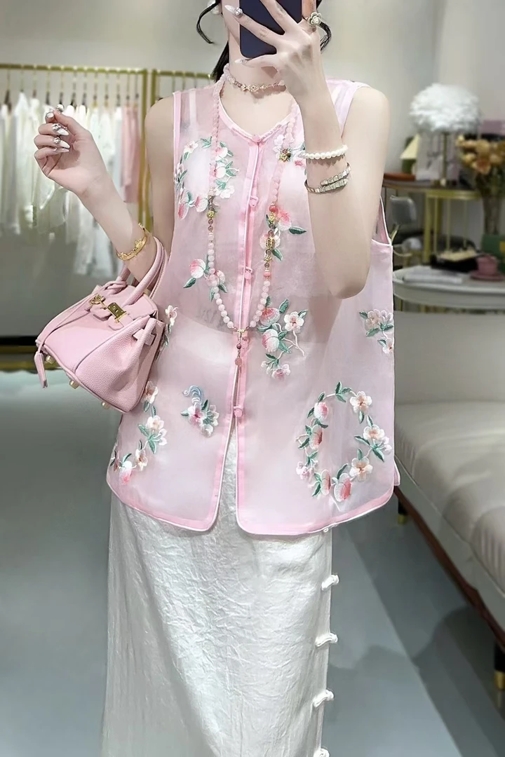 （花环）无袖常规款国风新中式桑蚕丝刺绣马甲女