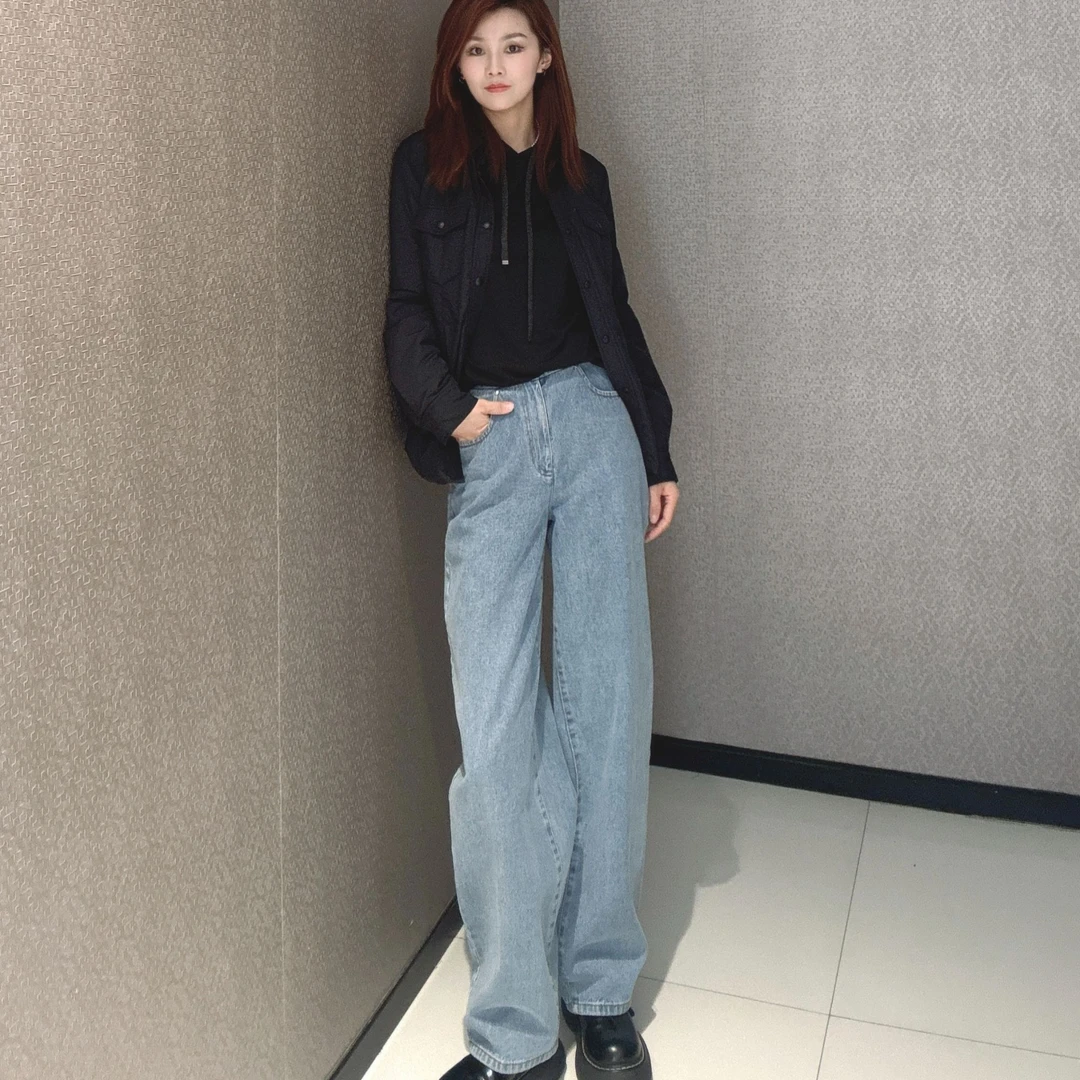 GIRDEAR/哥弟新款遮肉高腰休闲时尚简约百搭蓝色牛仔裤/1100513