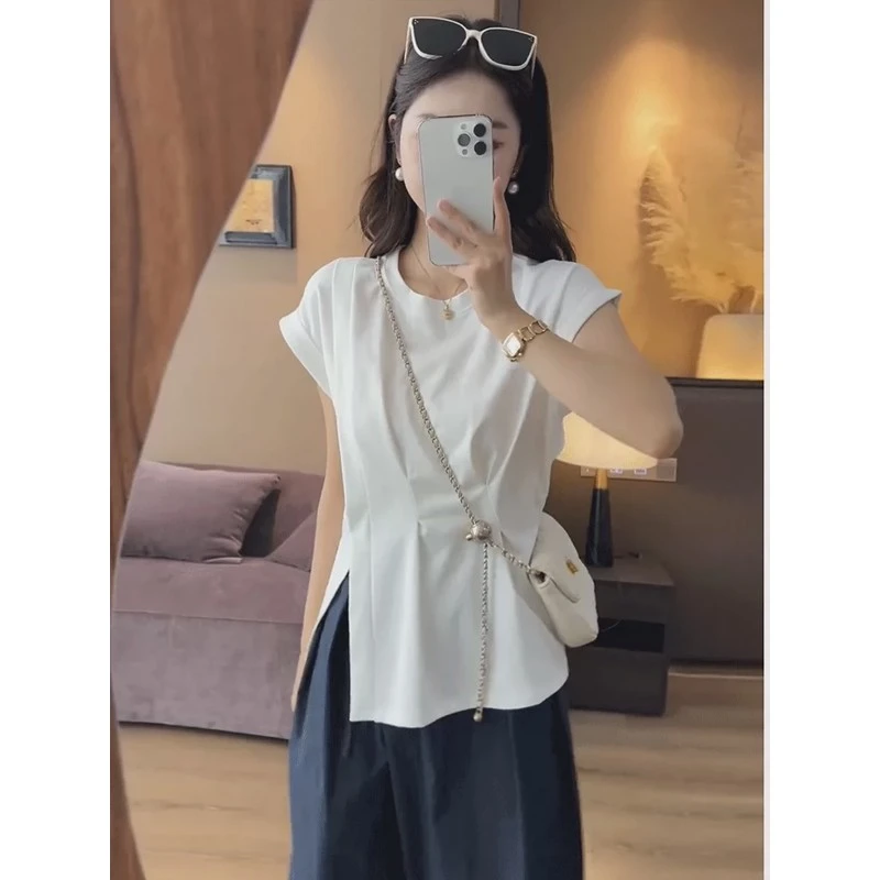 设计感小众不规则短袖恤女夏季新款修身显瘦褶皱开叉上衣潮