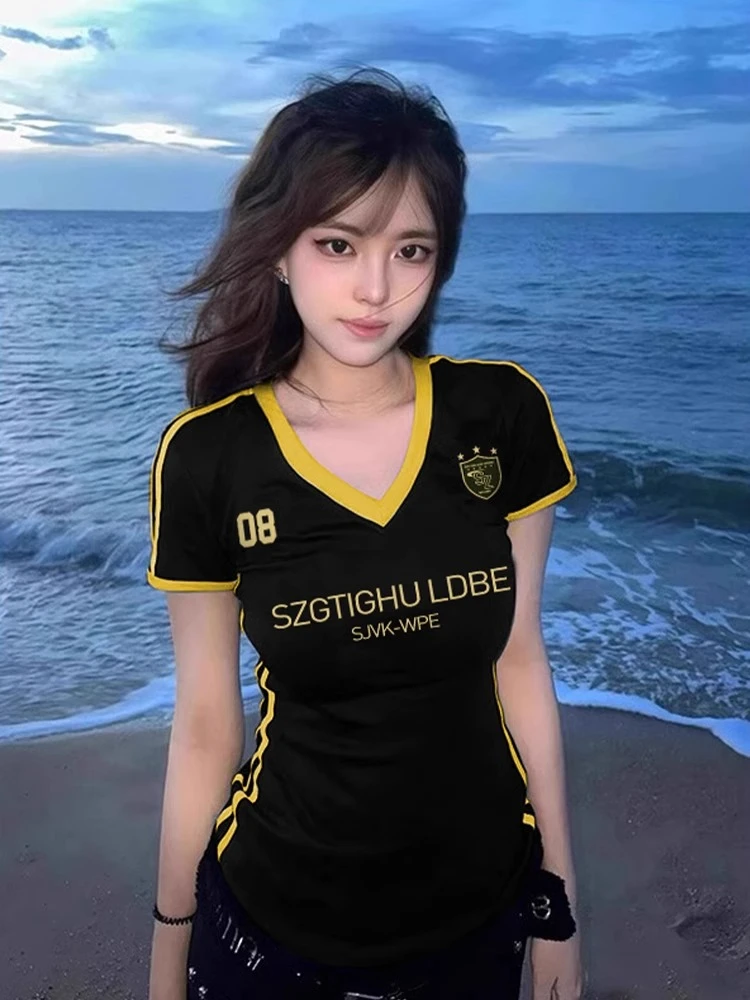 美式复古辣妹球衣撞色V领短袖t恤女2025夏季新款修身显瘦短款上衣