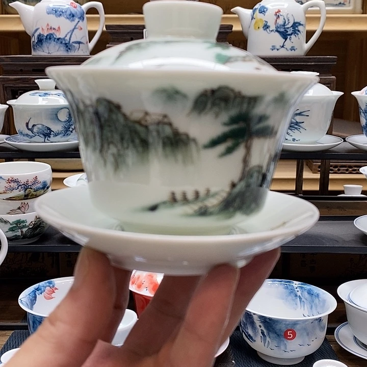 手绘微瑕山水盖碗