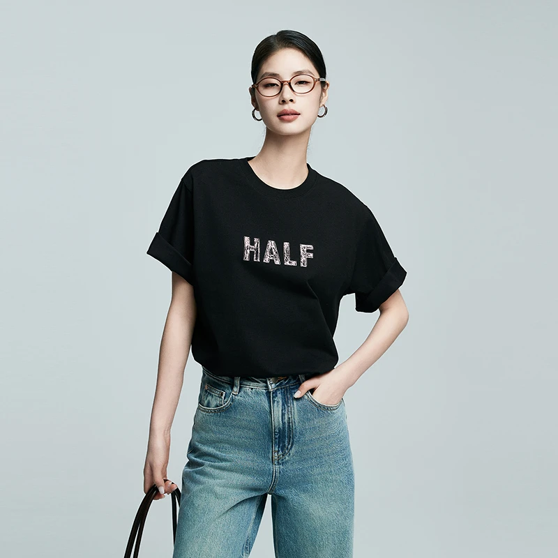 初棉【上新】斑驳感艺术乱针刺绣字母T恤240g落肩T恤363601026