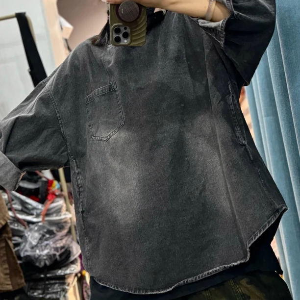 春款软牛仔套头磨白大码上衣（长80宽140