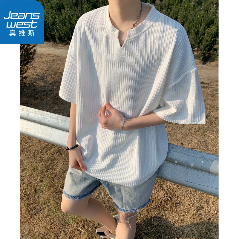 真维斯2025夏季男士V领短袖T恤青少年潮牌肌理感半袖时尚大码潮流