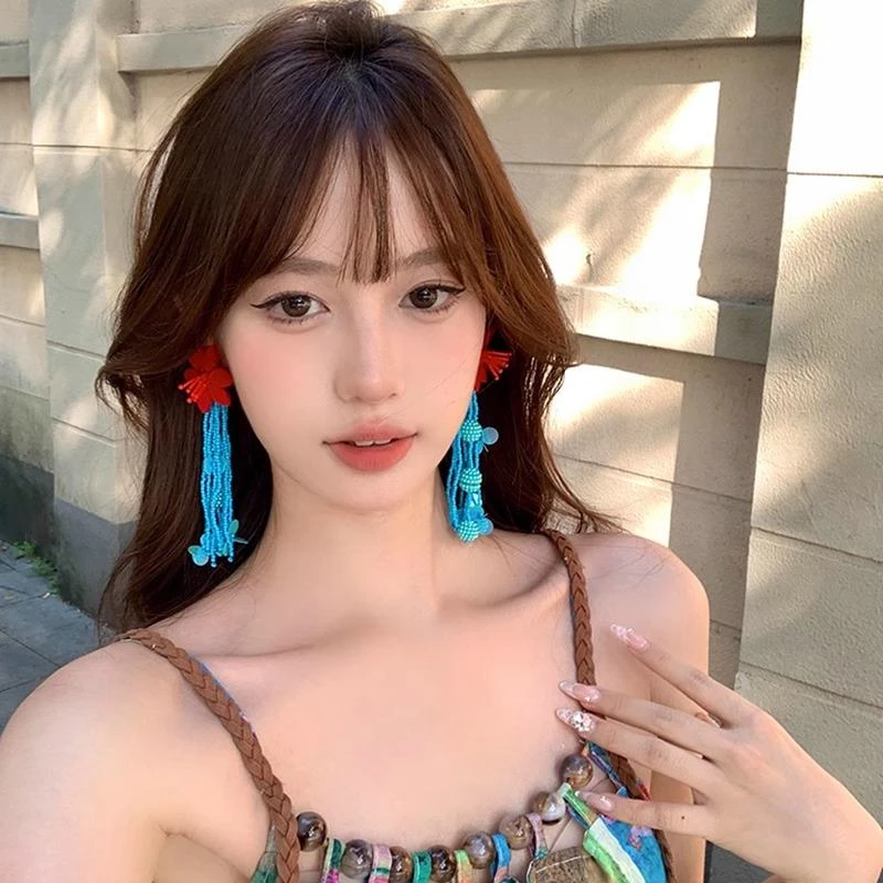 合金布艺耳饰 撞色花朵流苏耳环女度假风海边时尚夸张耳坠耳饰
