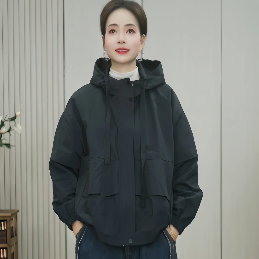 602新款春秋时尚休闲百搭外套女春季宽松显瘦连帽夹克开衫设计感