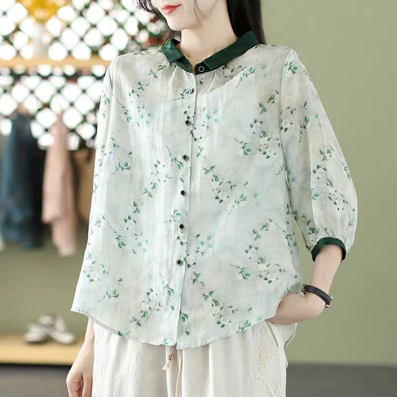 5115#文艺风2025夏季新款上衣中式女装中国风宽松复古印花衬衫