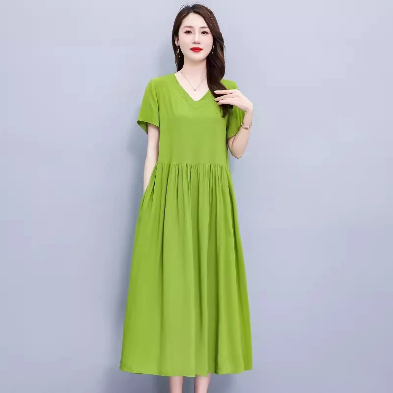 纯色棉绸连衣裙夏季高端气质大码妈妈遮肚外穿有口袋过膝裙子洋气