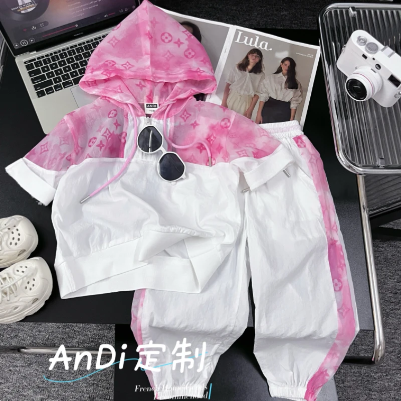 〖ANDI〗安迪订制女童夏季拼接连帽短袖裤子时尚两件套套装4558