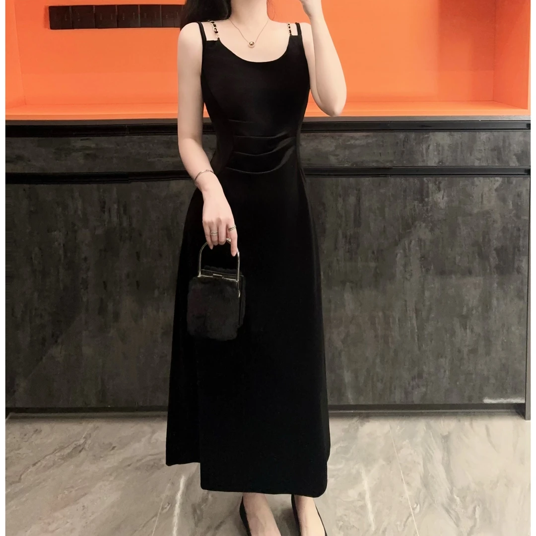 【缇娜】弥古黑色丝绒双吊带裙赫本风修身丝绒小黑裙复古显瘦长裙