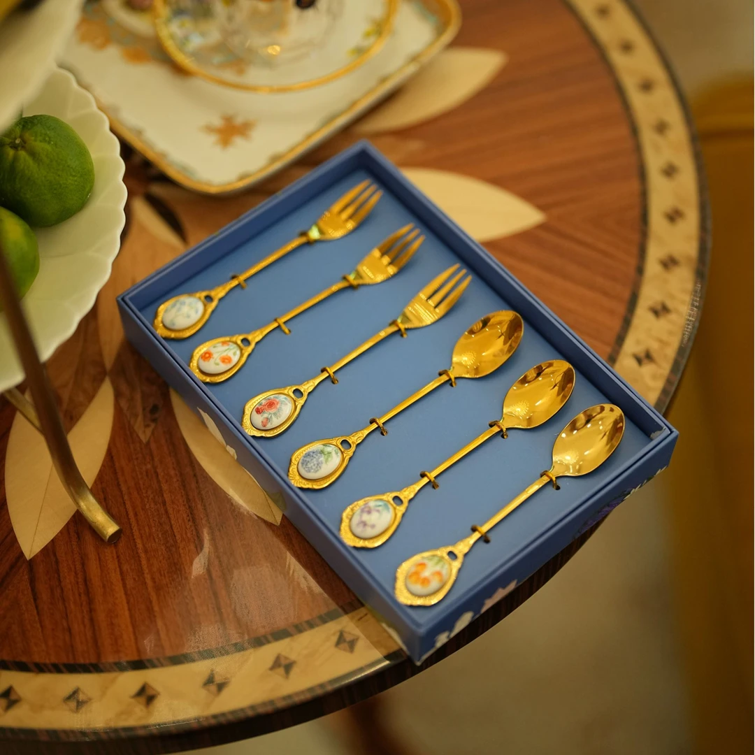 【奇居良品】精致高档不锈钢配瓷甜品叉咖啡勺 三勺三叉礼盒套装#GY