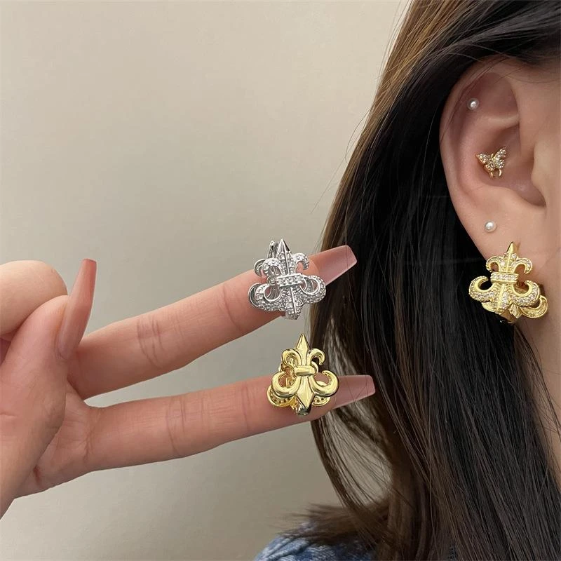 铜合金锆石耳饰 欧美时髦气质耳环时尚女十字鸢尾花耳扣耳钉轻奢