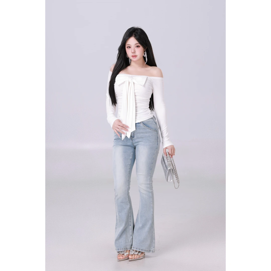 现现MengFairy【初茶白鹭】纯欲设计感修身针织一字肩长袖上衣4851M