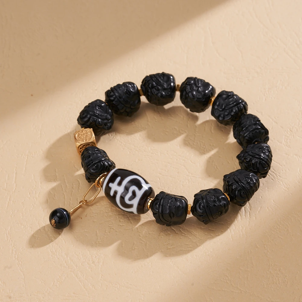 云丹拉姆丨黑白宝瓶莲花心天珠手串多样性发其一约19*14