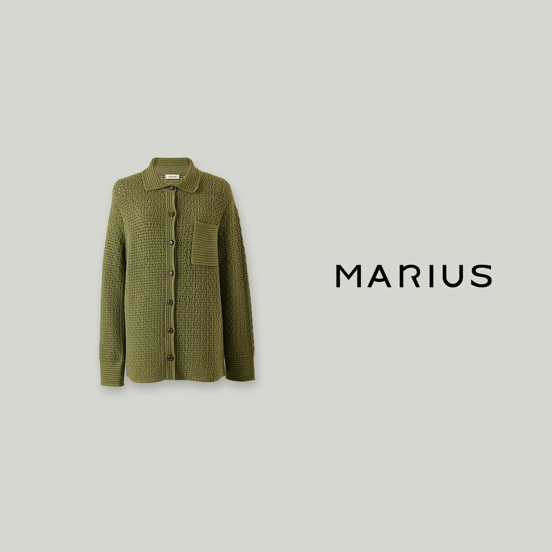 MARIUS经典佰搭仿手钩镂空花大贴袋精研POLO领翻领开衫