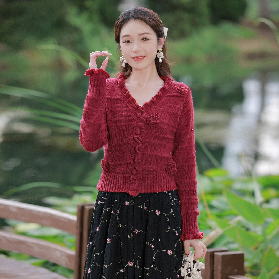 烟花烫复古红色百搭针织开衫女气质修身短款长袖毛衣外套 溪浅