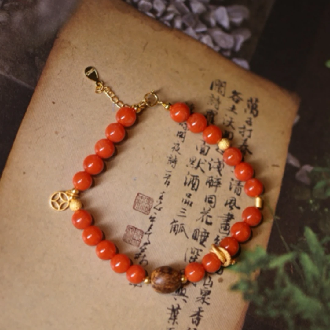 925银银制品 银镶红色圆珠手串JX手工百搭女士复古国风国风国风