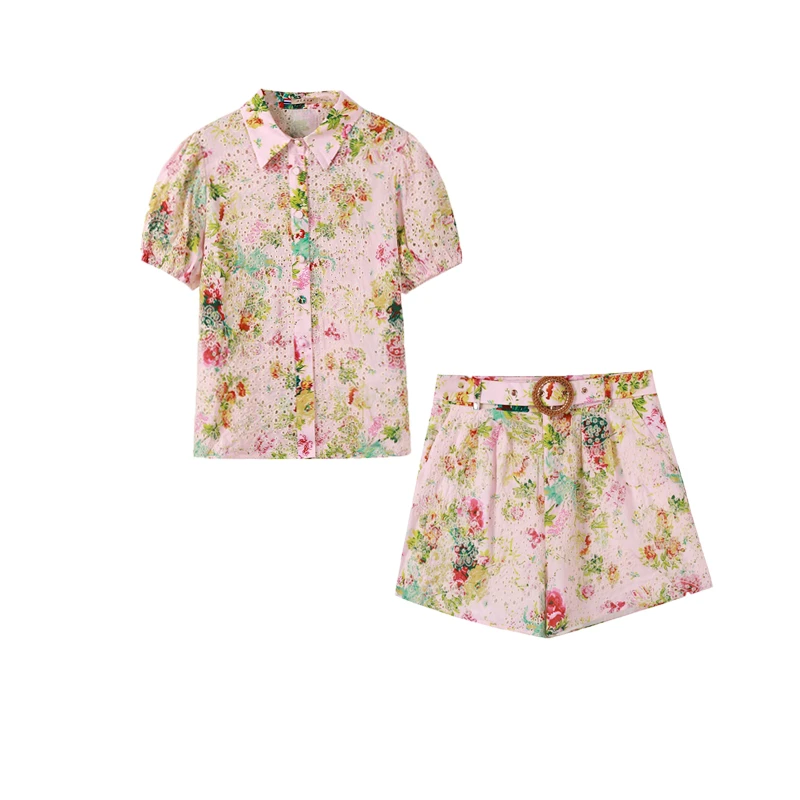 夏季新款 重工刺绣上衣+短裤两件套 时尚套装女 透气舒适947