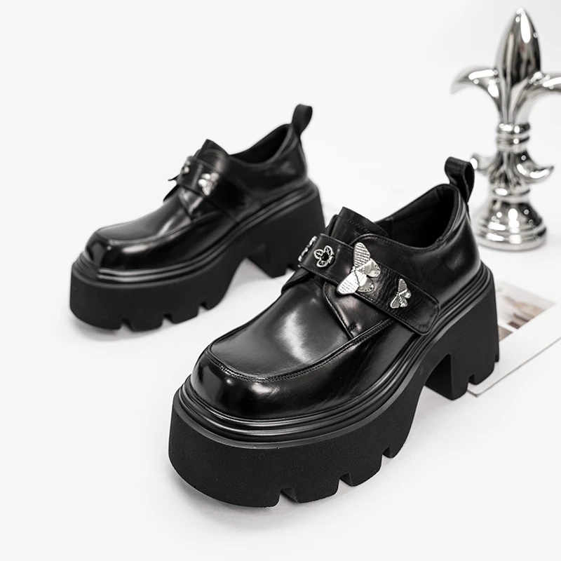 粗跟小皮鞋女胎牛皮2025春季新款英伦风真皮增高厚底欧货复古单鞋