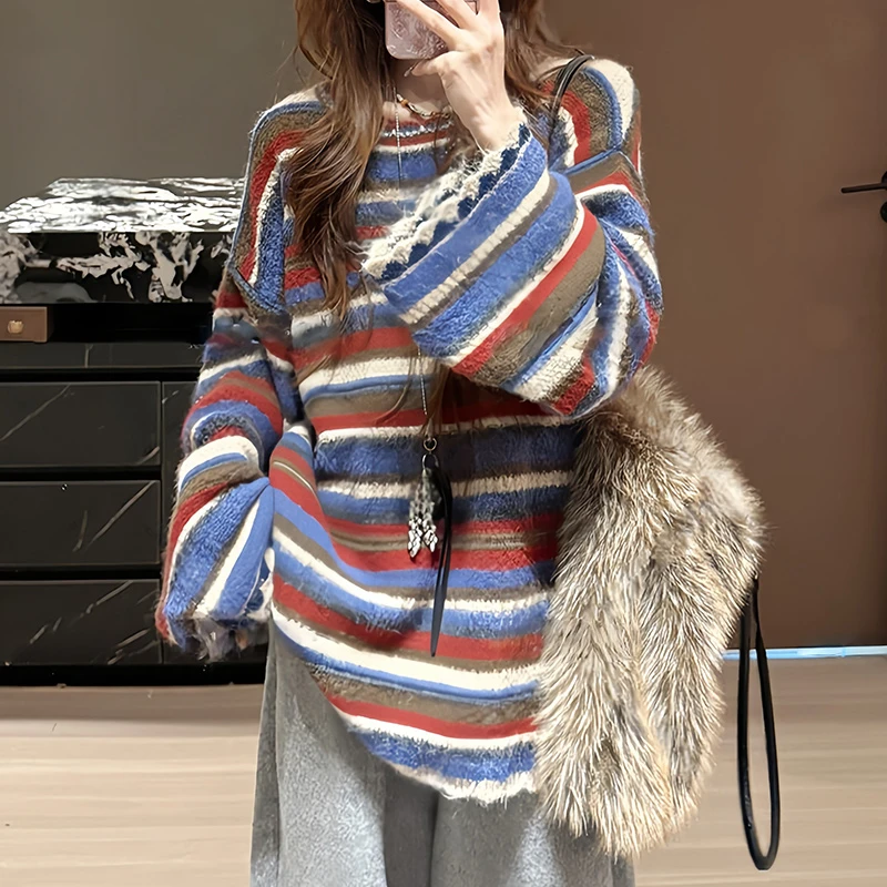 复古拼色针织衫宽松韩式洋气上衣女2025秋冬新款百搭显白优雅衣服