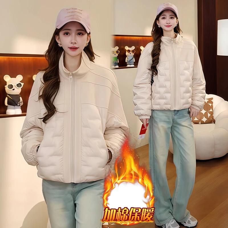 极简风韩版休闲棉服女2025冬季新款加棉加厚宽松舒适拉链立领外套