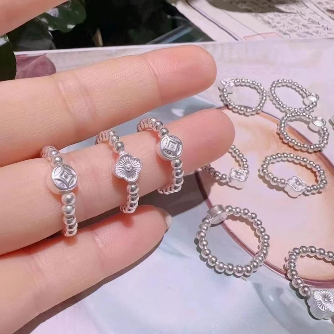 足银戒指 铜钱币银珠戒指钱多多招财铜币纯银弹力绳编织百搭气质