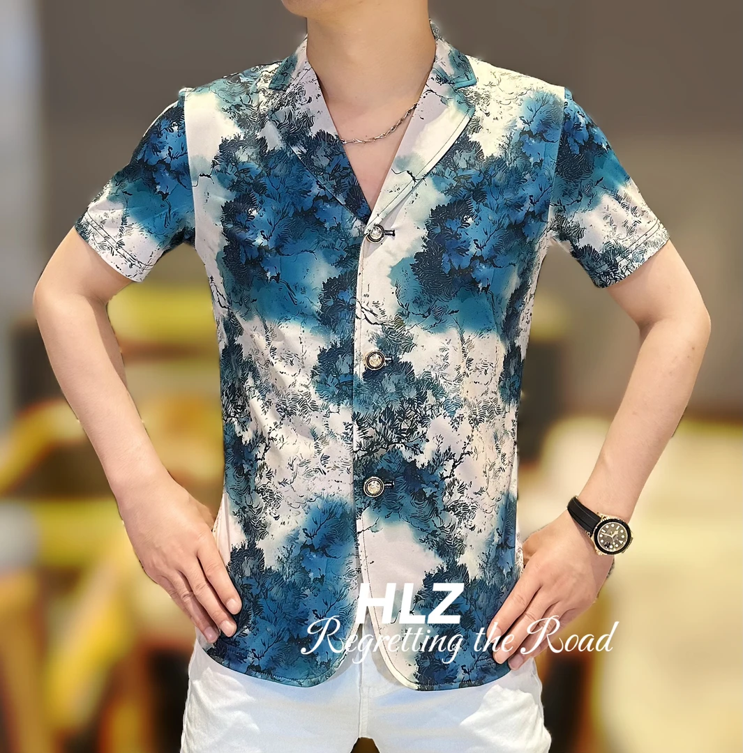 2025爆款修身男士休闲高品质个性字母印花冰丝西服短袖衬衫上衣