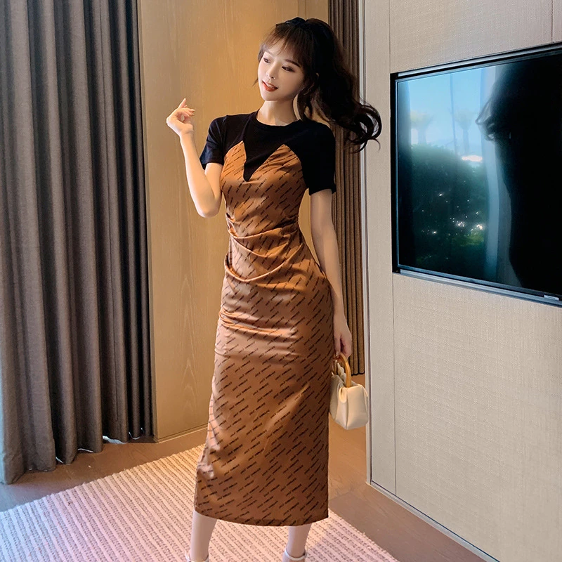 2024夏季新款女法式设计感假两件修身显瘦连衣裙字母T恤长裙5098