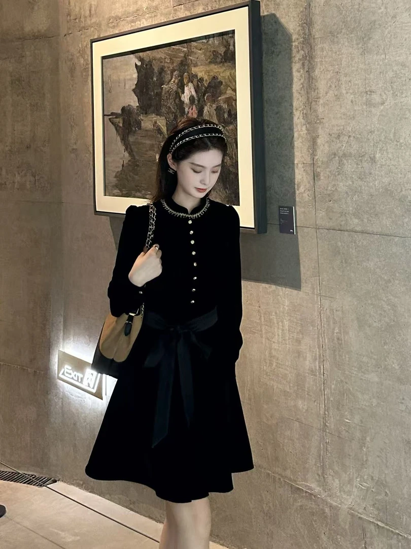 D113312F连衣裙显瘦春秋裙子荷叶裙针织中腰赫本风拼接