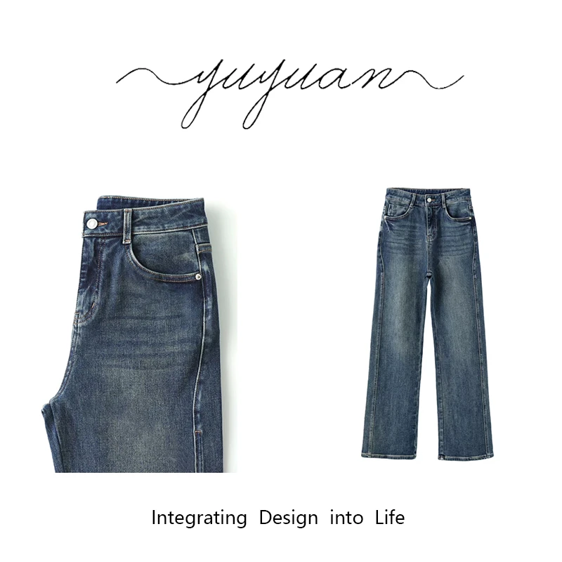 【媛宝】“双鱼线”万向弹-春秋款时尚百搭水洗复古直筒牛仔裤-DF912