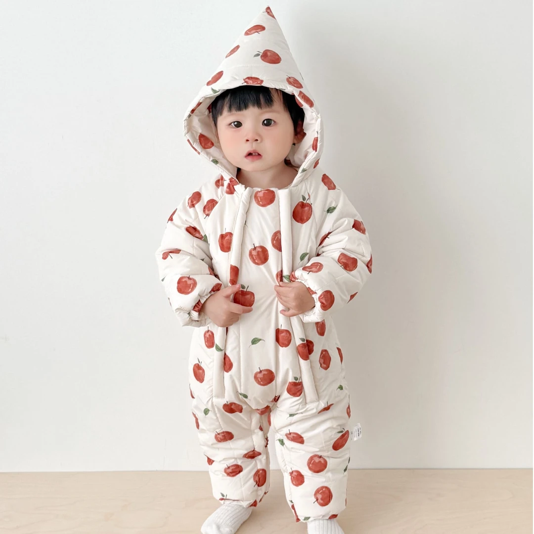 婴儿冬季棉服2025新款男女宝宝外出保暖连体衣棉服加厚连帽爬服潮