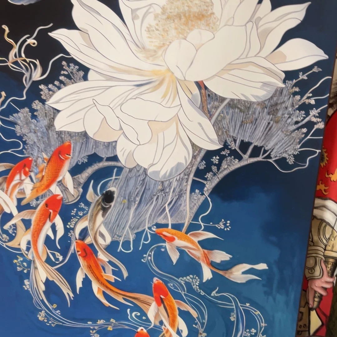 新荷花九鱼图四尺竖幅东方美学装饰画近175