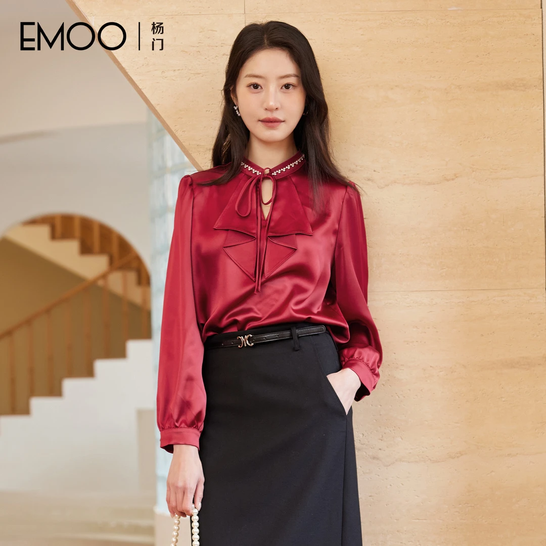 EMOO/杨门女士拼接蝴蝶结极简风秋季上衣衬衫衬衣红色E34T033478