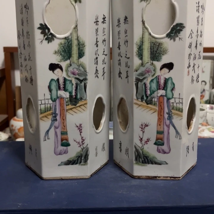 瓶汤*粉彩人物故事六方帽筒