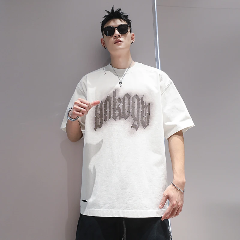 有术破洞印花美式复古短袖男夏季设计感小众街头宽松2025圆领t恤