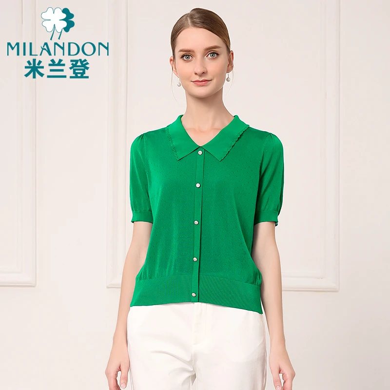 MILANDON/米兰登夏季新款气质翻领针织衫镂空泡泡袖上衣3O2W1010