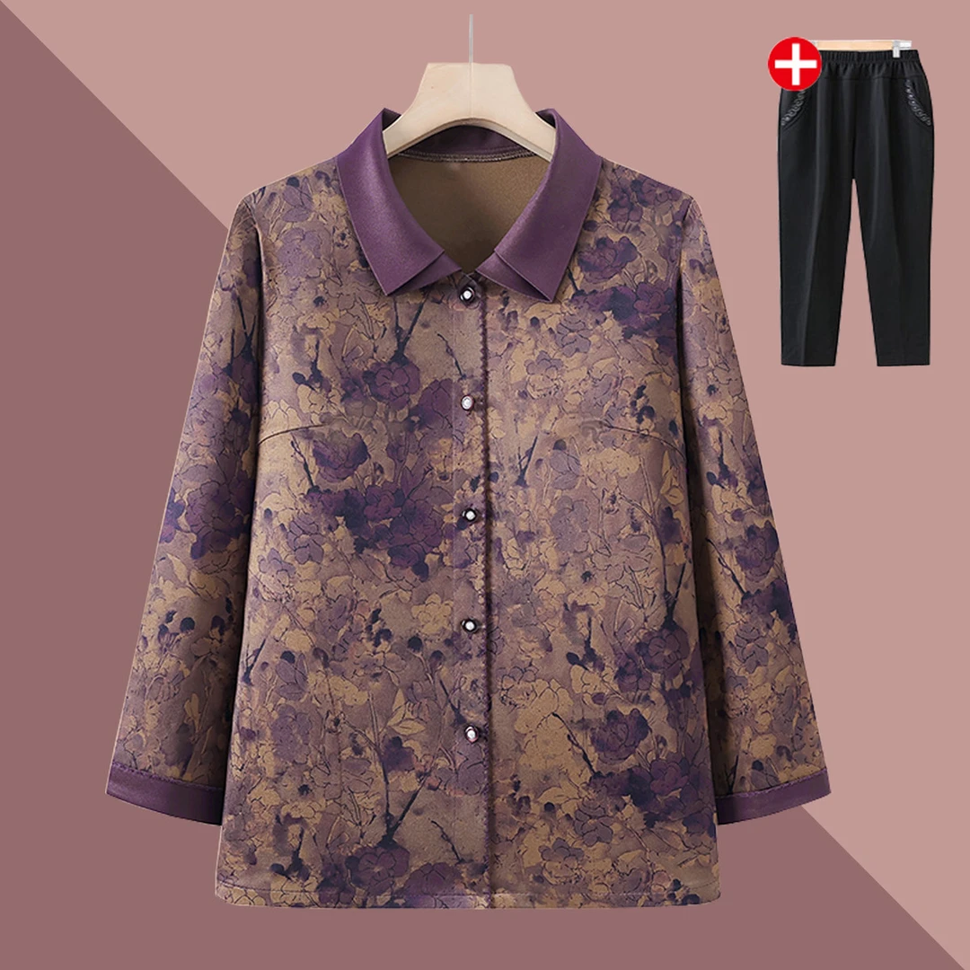 奶奶秋装衬衫长袖上衣中老年人妈妈春秋宽松衬衣阔太太大码薄外套