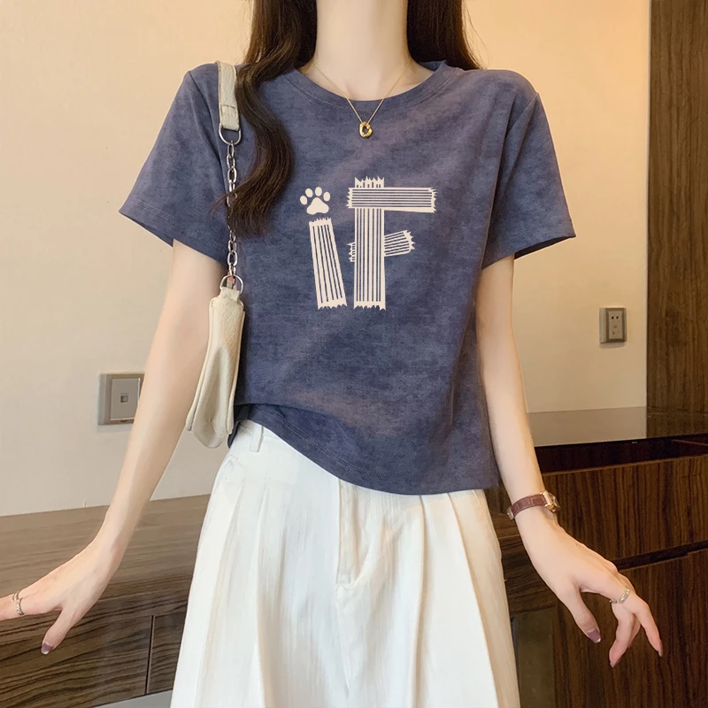 美式复古扎染正肩短袖T恤女夏季新款设计感小众短款甜辣洋气上衣