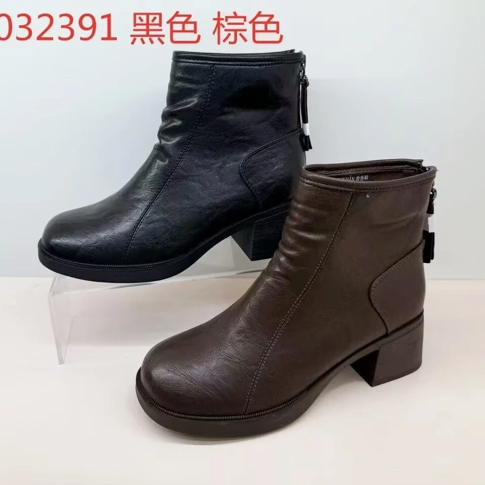 香香莉32391冬季学院风短靴平底百搭修面加绒半筒靴粗跟女圆头