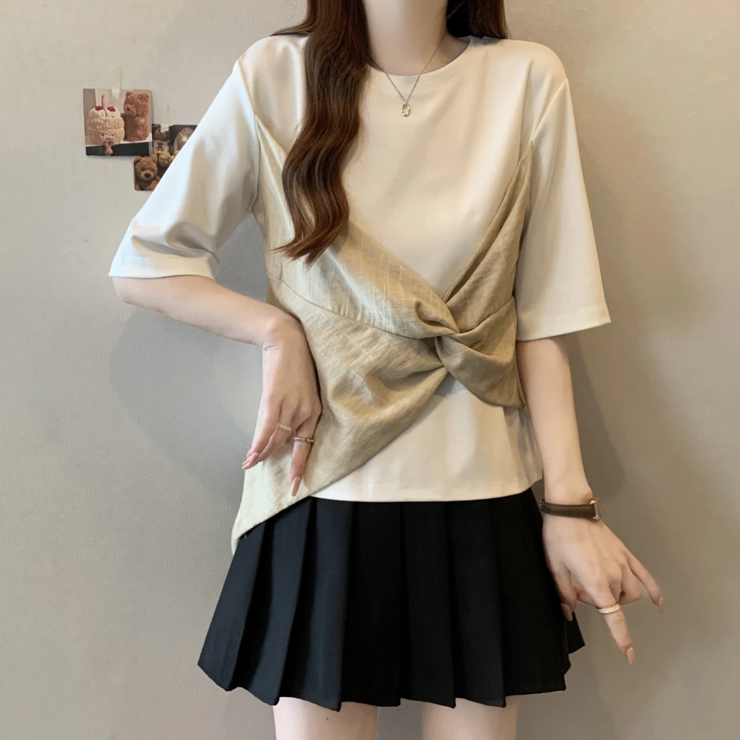 大码女装2025夏季新款小众设计感扭扭结假两件时尚显瘦短袖T