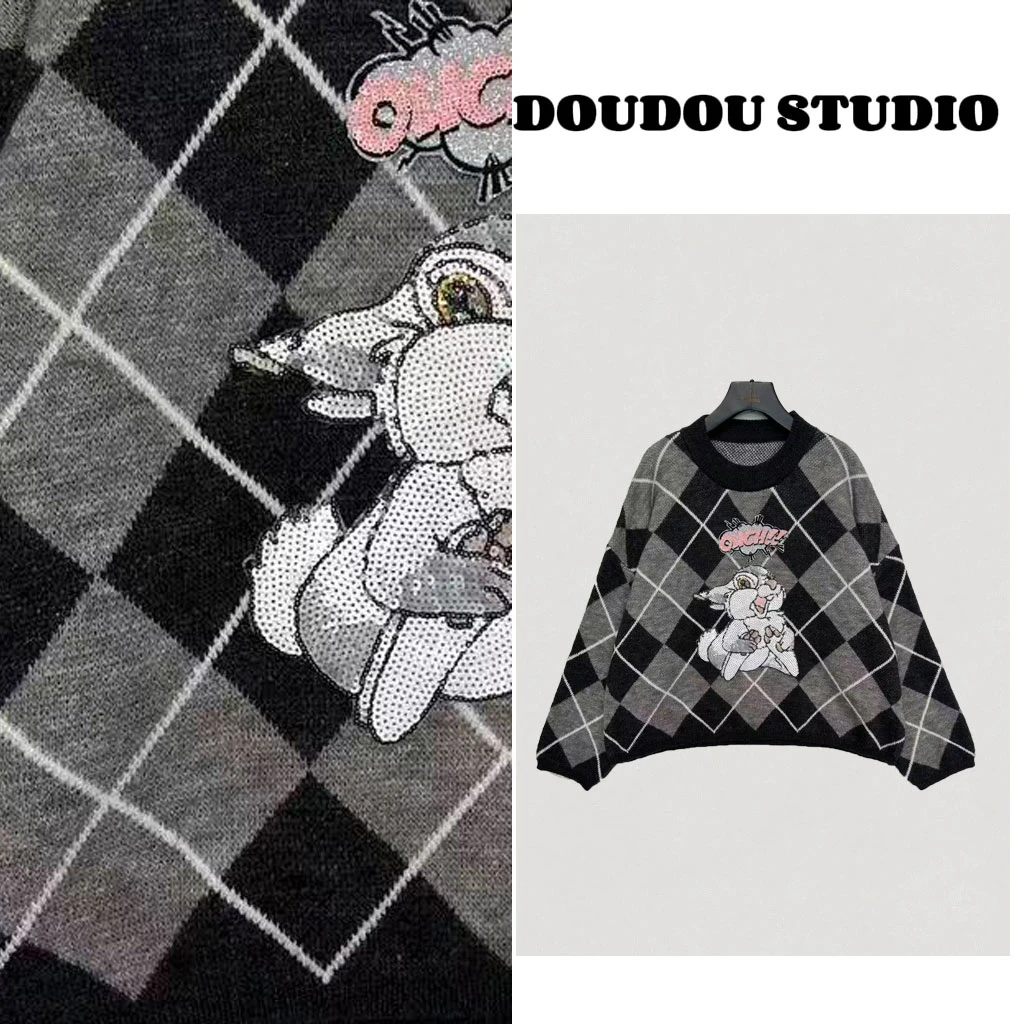 【兜兜】灰色松鼠 秋冬中古风菱格保暖套头毛衣 井9561A