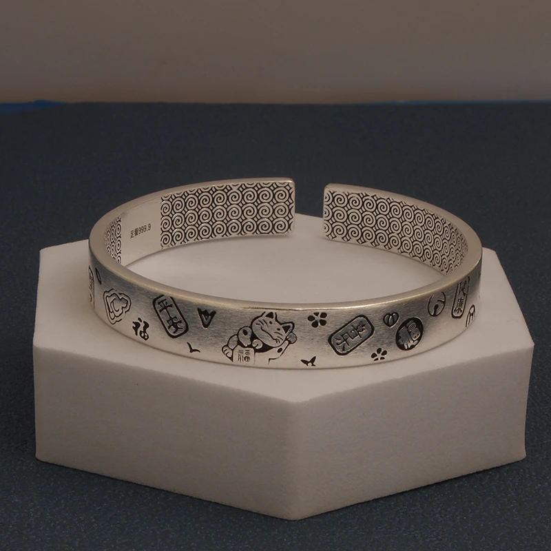 足银银制品 足银999.9开口吉言招财猫实心银手镯时尚百搭礼物