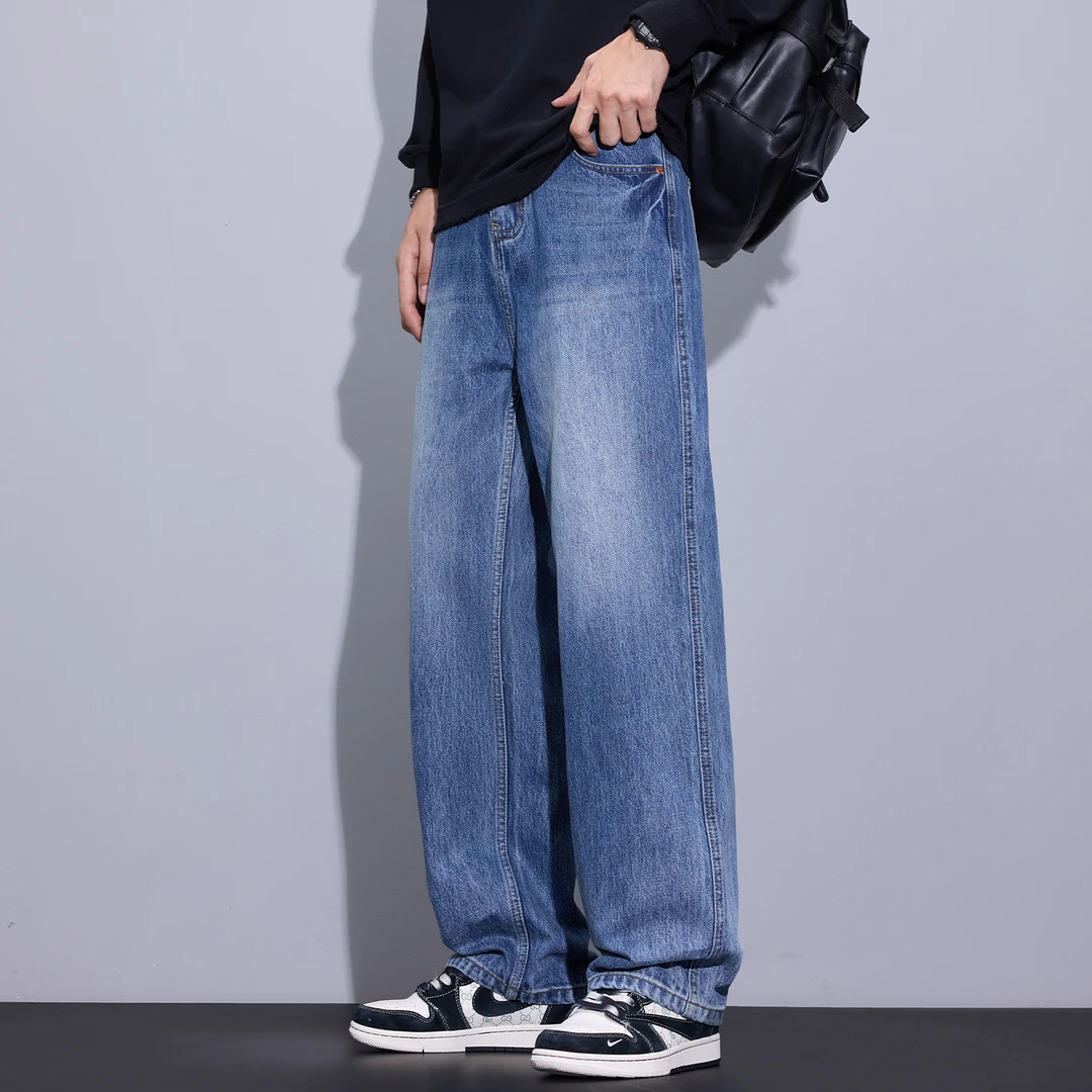 Kuvine冬季加绒加厚休闲裤子秋冬美式复古直筒宽松蓝色牛仔裤男士