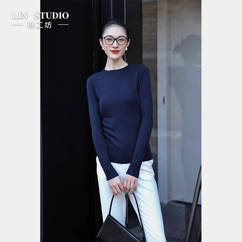 【山羊绒+桑蚕丝】琳工坊“定一”爵士蓝针织衫气质时尚唐琳设计师